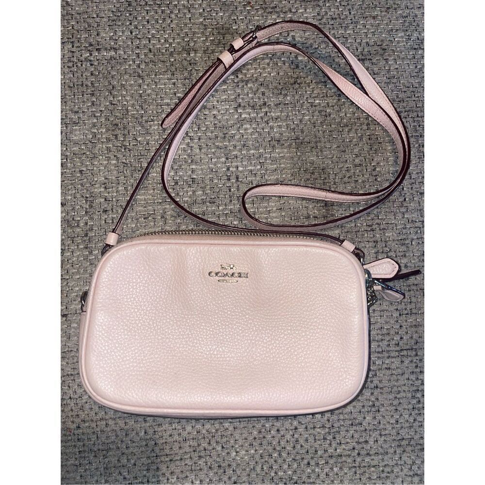 Coach Light Pink Pebbled Leather Mini Crossbody Bag double zip compartments